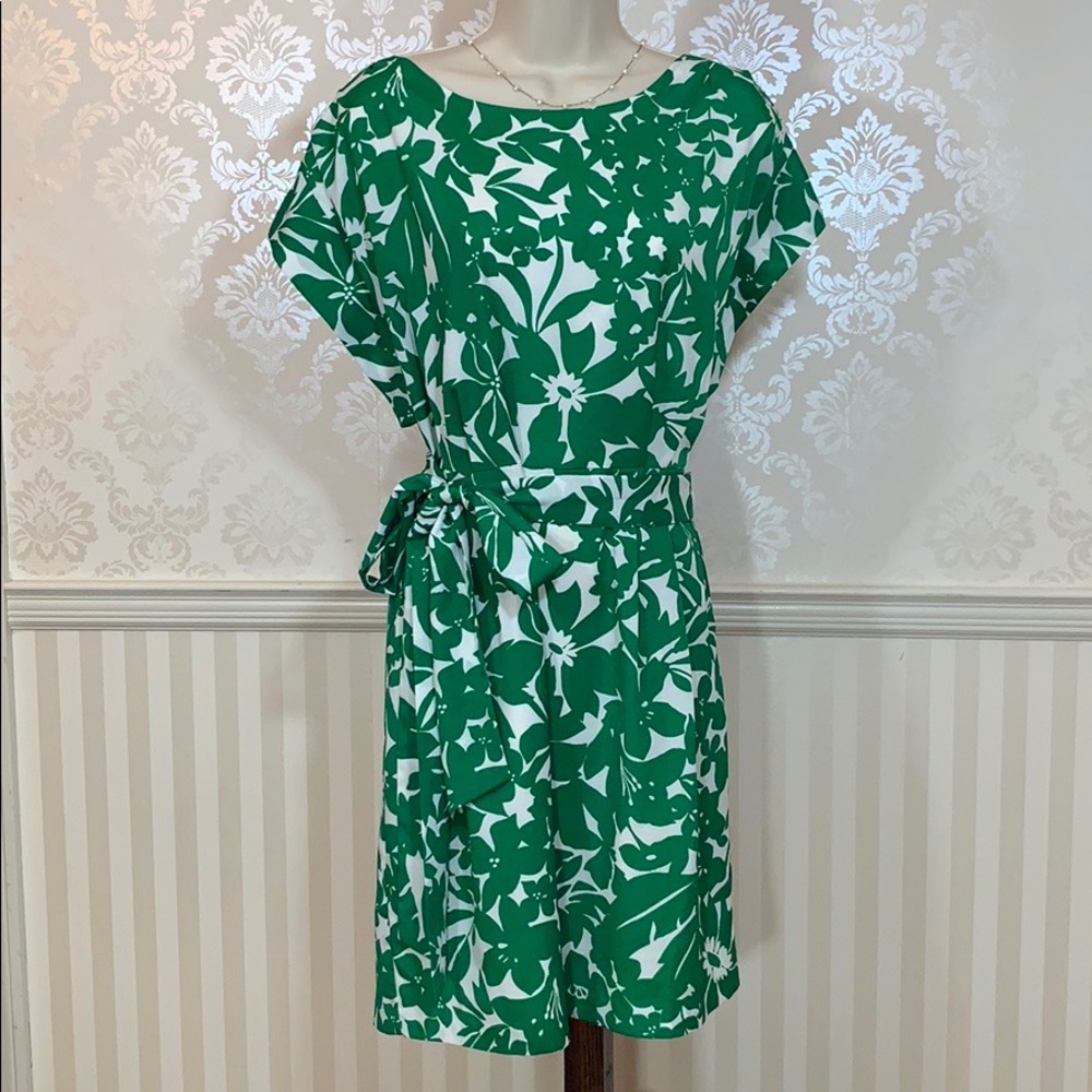 Eliza J. Green Floral Belted Crepe de Chine Dress